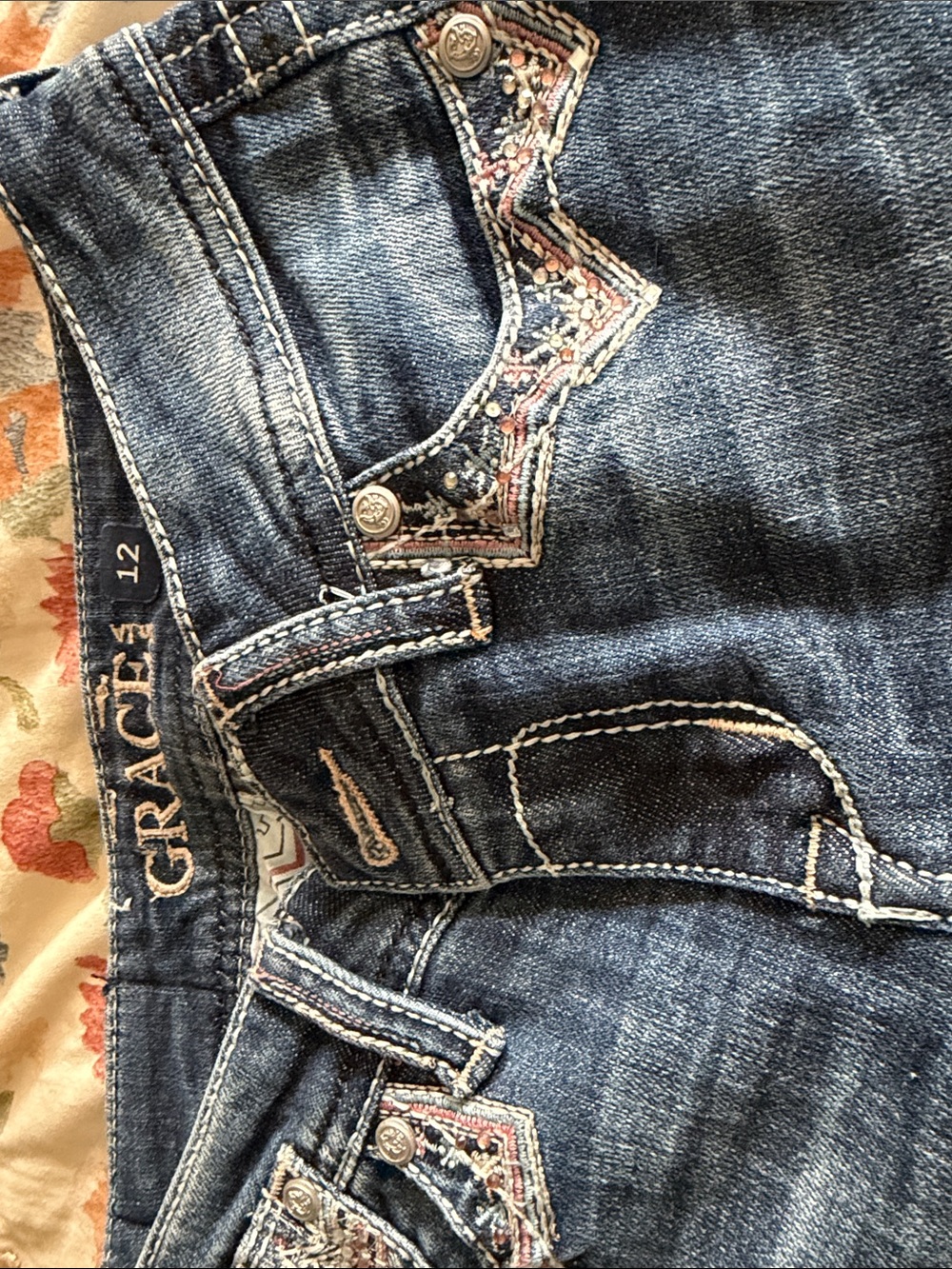 Grace in LA Dark Blue Embroidered Boot Cut Jeans